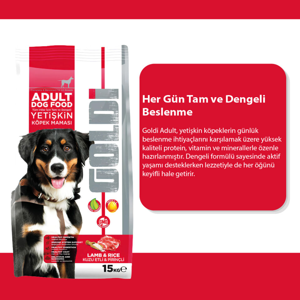 Goldi Kuzu ve Pirinçli Yetişkin Köpek Maması 15Kg