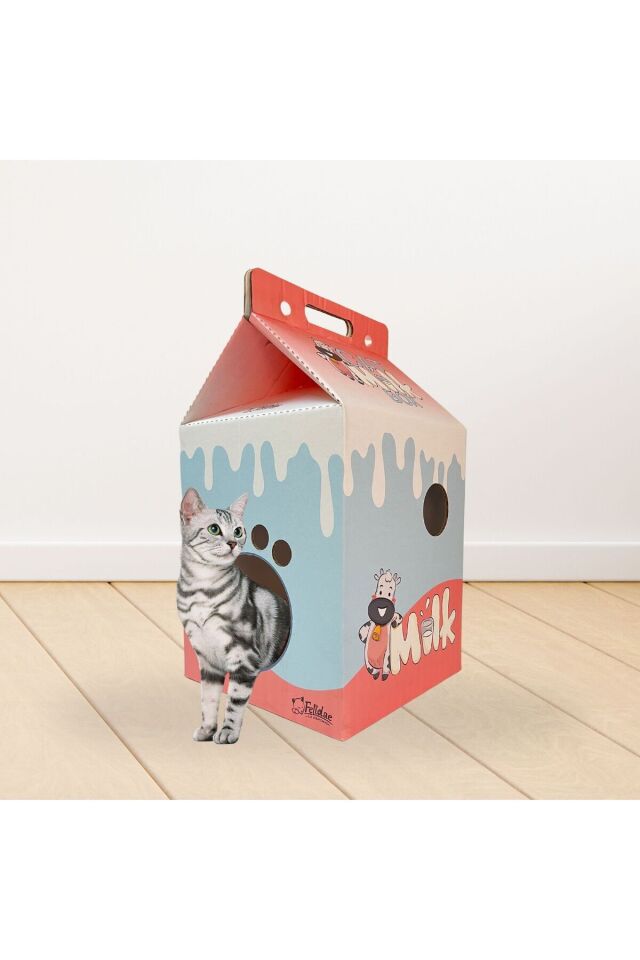 Süt Kutusu, Karton Kedi Evi, Kedi Oyun Evi (33x33x60cm)