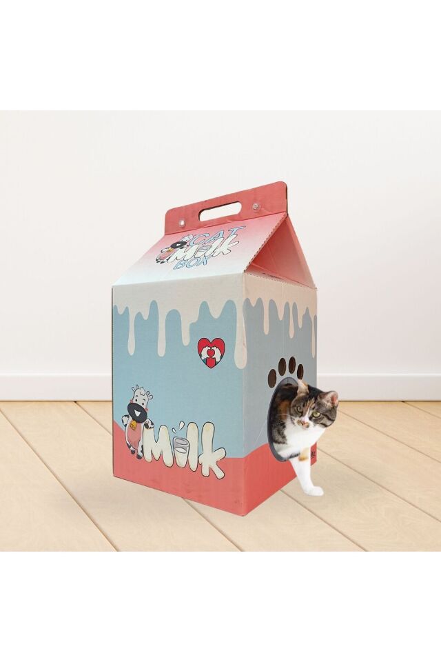 Süt Kutusu, Karton Kedi Evi, Kedi Oyun Evi (33x33x60cm)