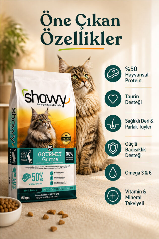Showy Gourmet 15 Kg Tavuk, Kuzu ve Balık Etli Gurme Yetişkin Kedi Kuru Maması